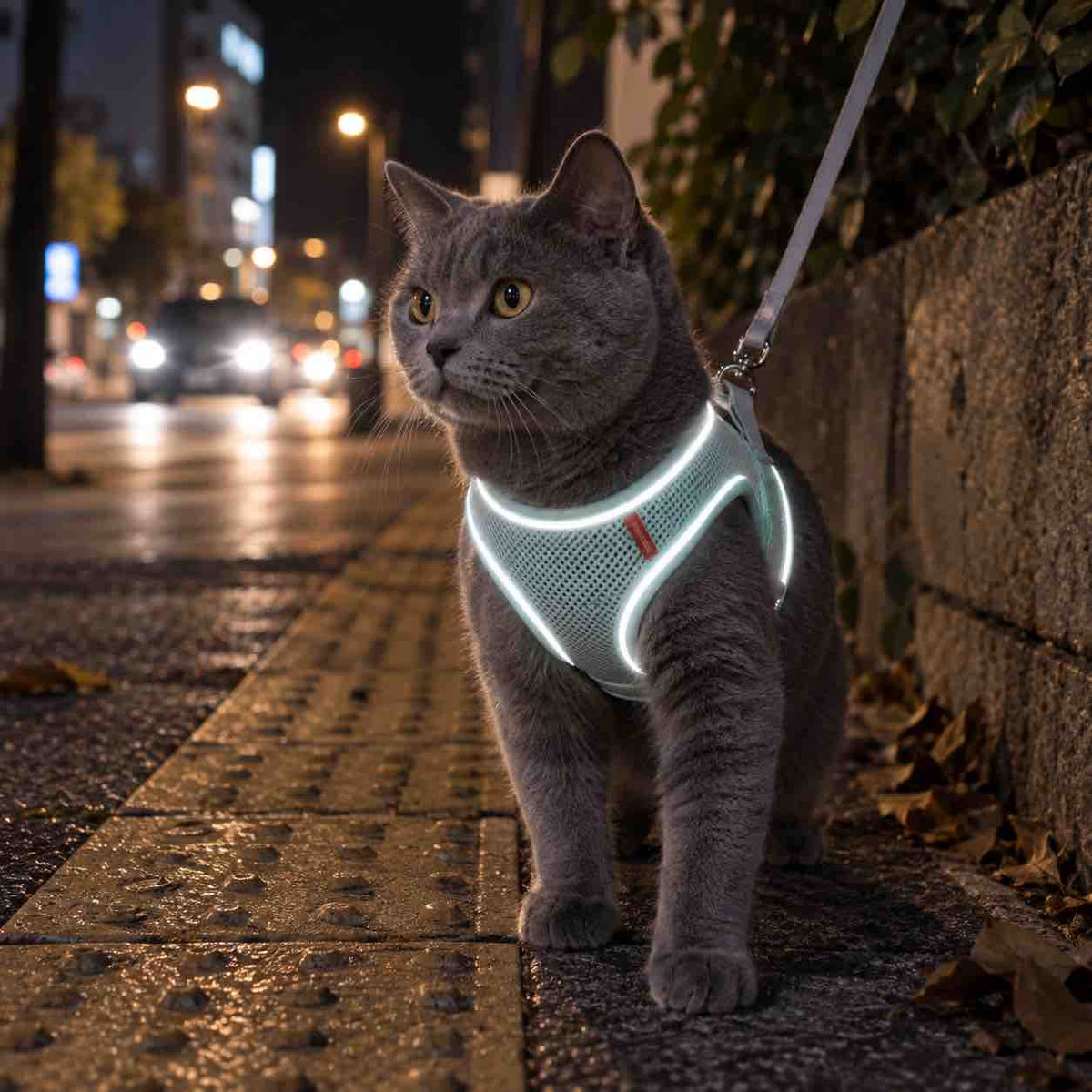 Chat gris dans la nuit avec un harnais réfléchissant pour chat bleu flashi