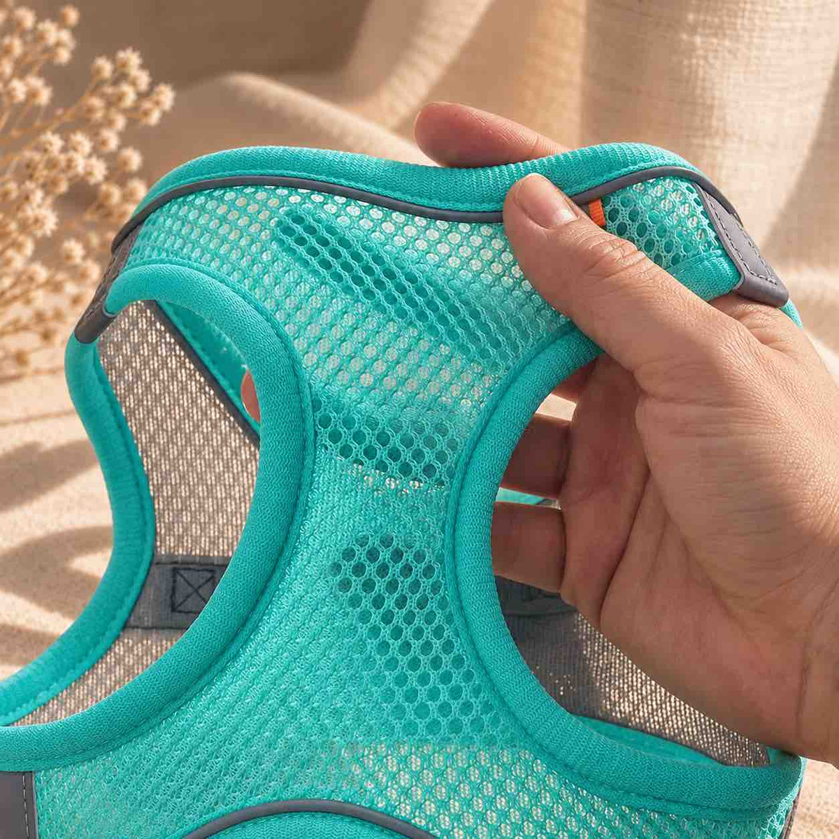 Détails de la maille du harnais pour chat réfléchissant bleu clair