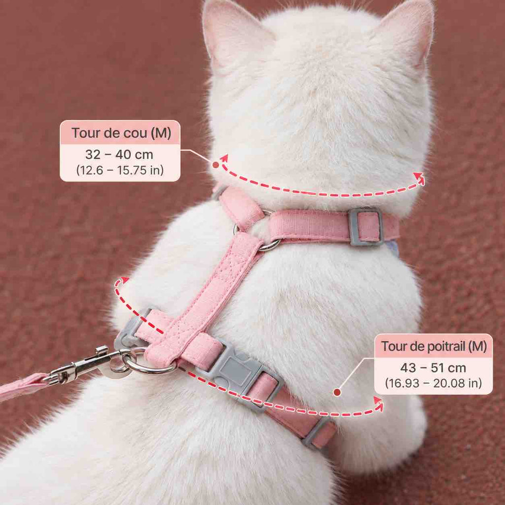 Harnais pour chat rose avec le guide des tailles