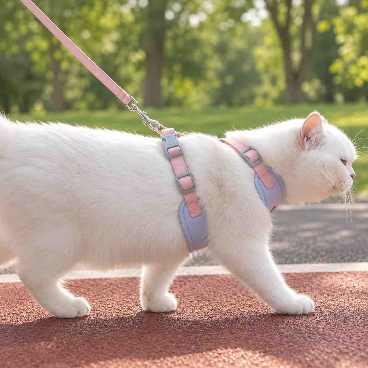 Un chat blanc marchant avec un harnais pour chat violet