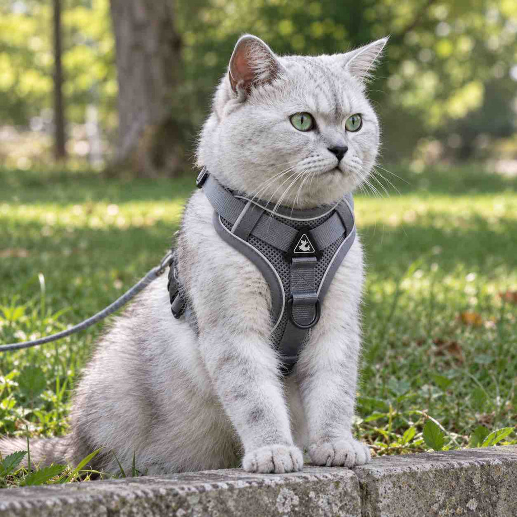 Un chat gris avec un harnais pour chat réfléchissant gris