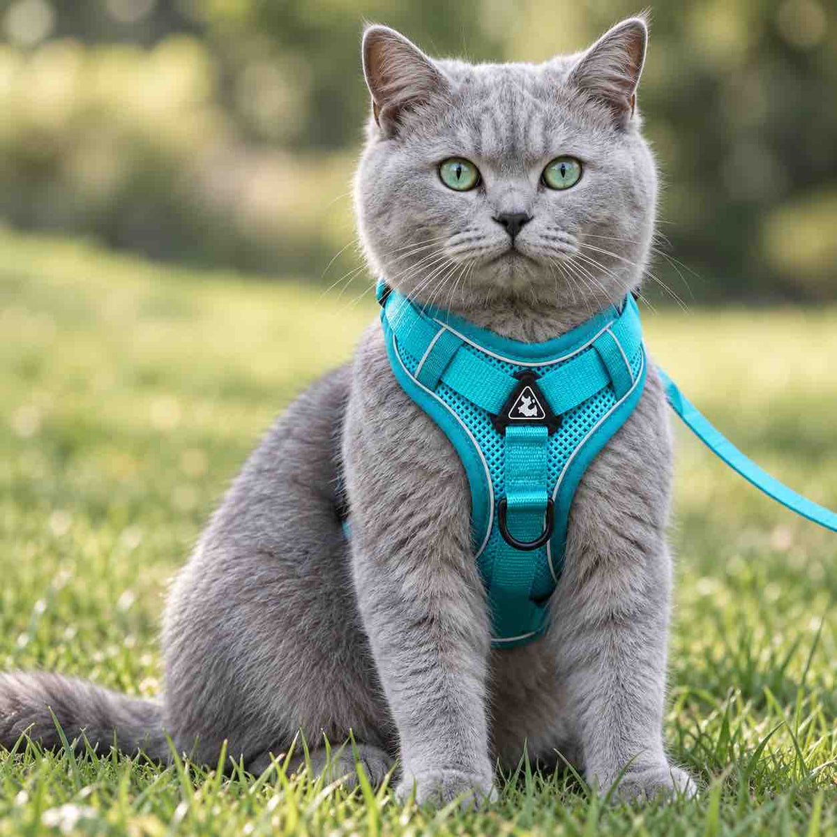 Un chat gris avec un harnais pour chat réfléchissant bleu
