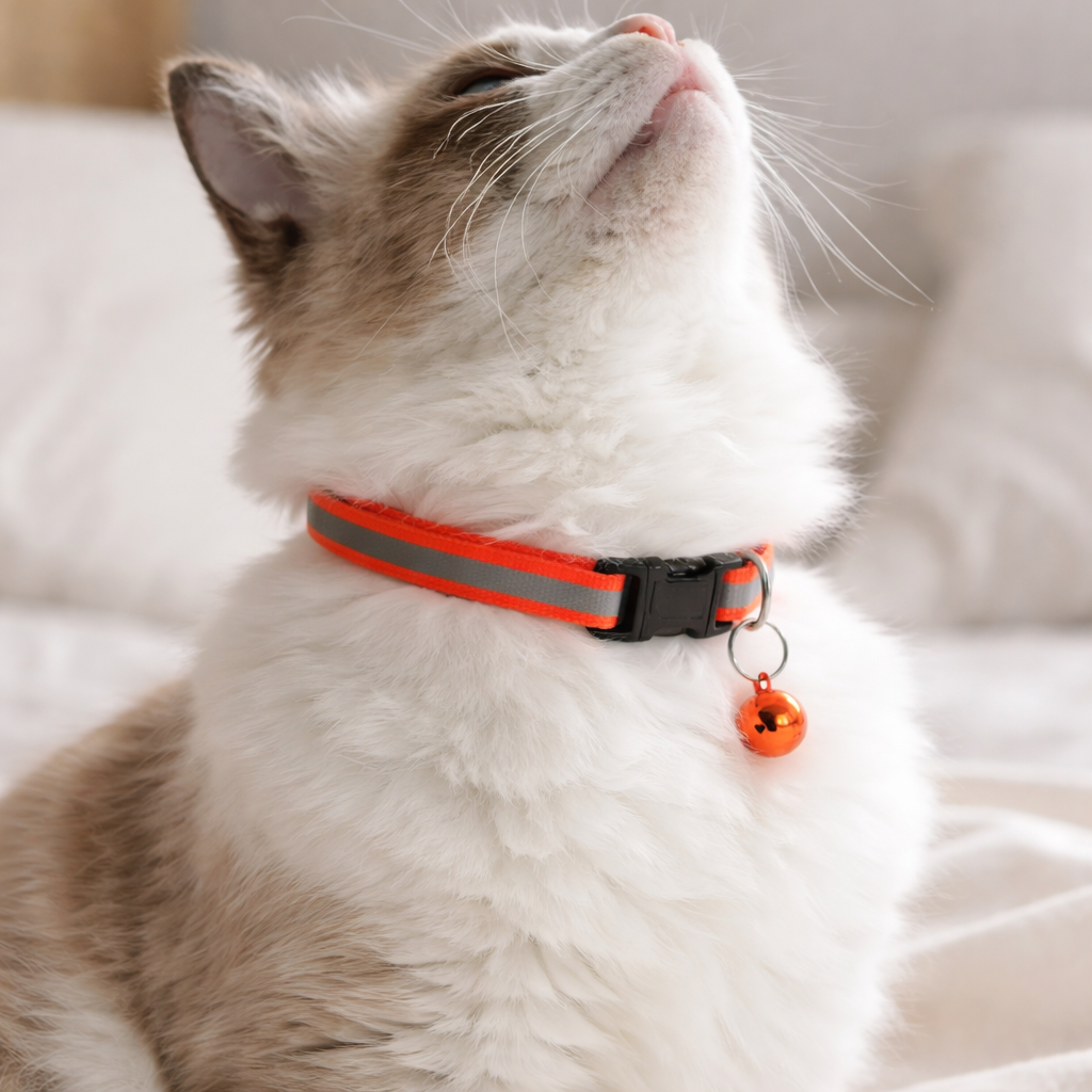 Un jeune chat portant autour du cou un collier réfléchissant bleu avec une clochette bleu