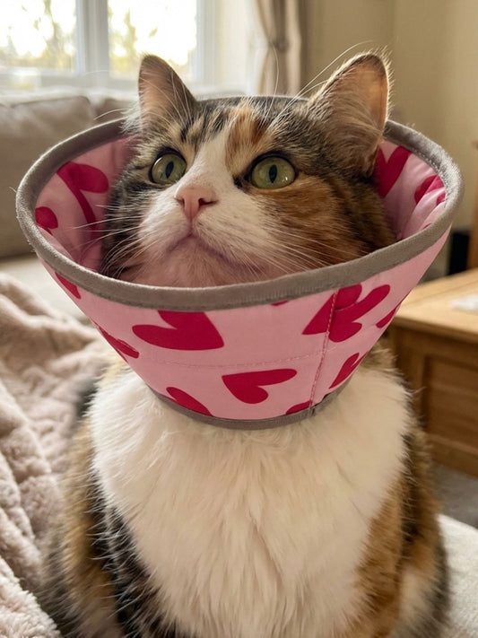 Un chat portant un collier élisabéthain rose avec des coeurs