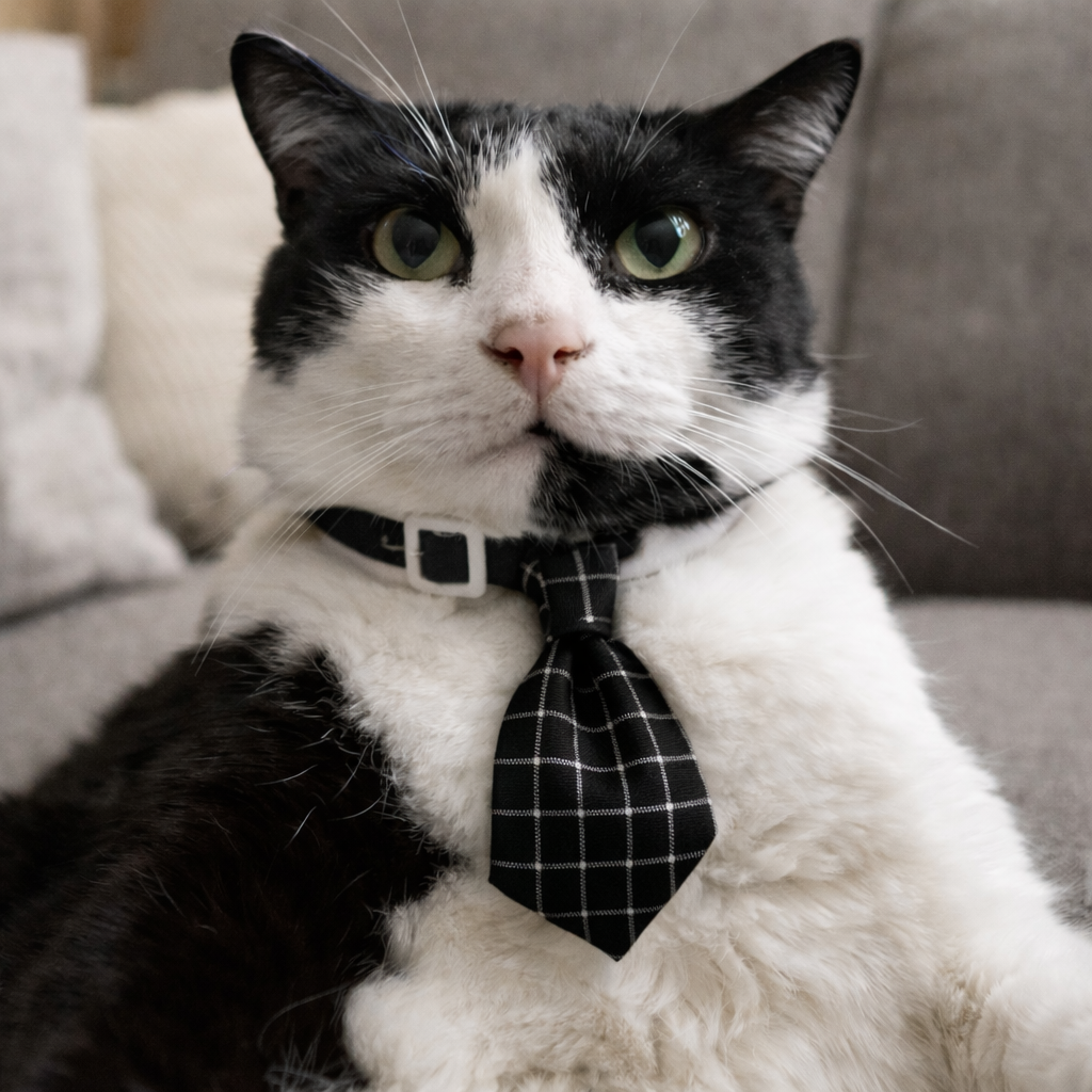 Un chat noir et blanc aux yeux verts assis sur un canapé portant une cravate noire à carreaux blancs.
