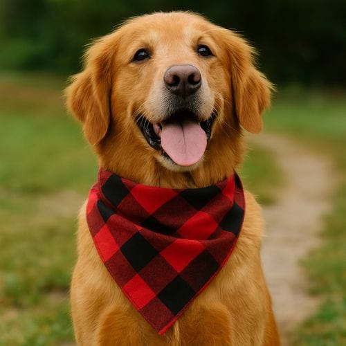 Golden Retriever assis sur un chemin de terre dans un cadre naturel verdoyant. Le chien regarde droit devant lui avec une expression joyeuse, langue sortie. Il porte un bandana rouge à carreaux noirs noué autour du cou, parfaitement ajusté. Le décor en arrière-plan est flou, mettant en valeur le chien et l’accessoire.