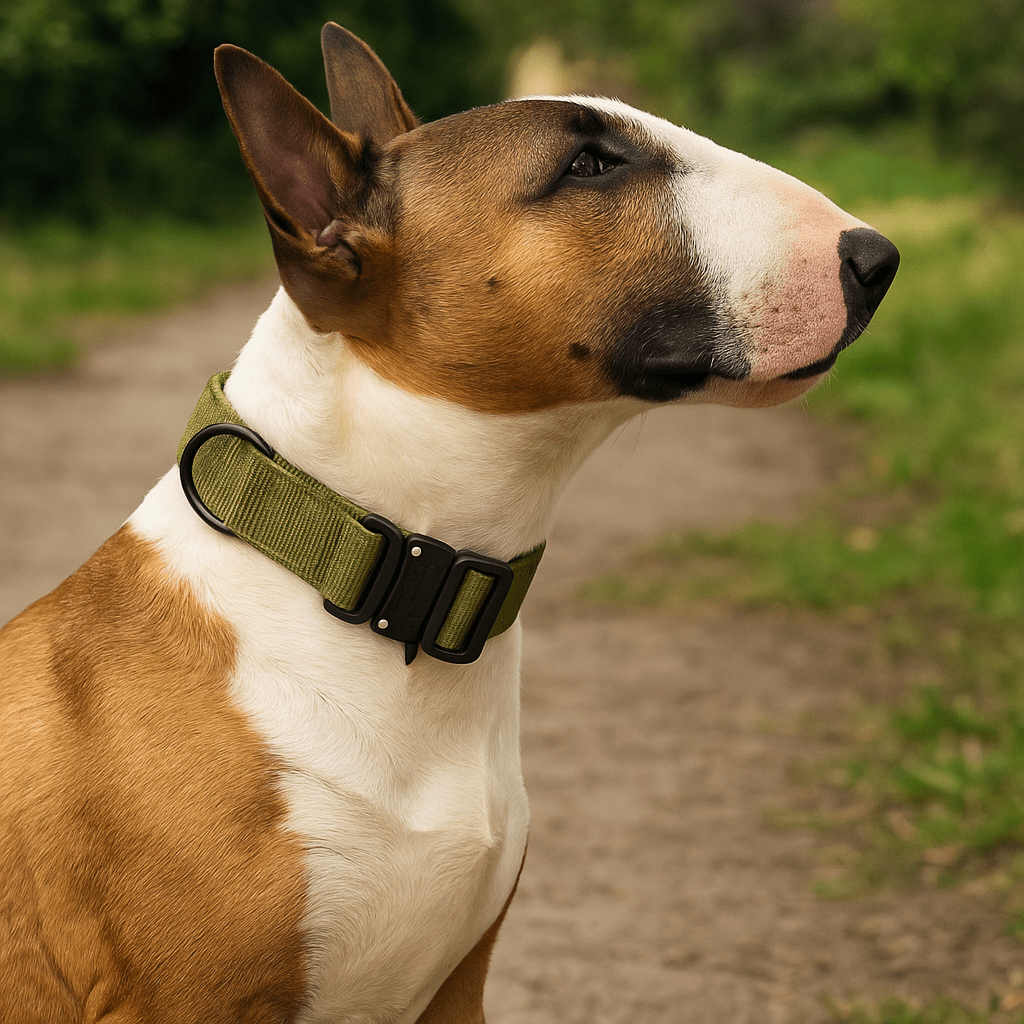 Un Bull Terrier au pelage blanc et fauve est assis sur un chemin en terre dans un parc. Il porte un collier en nylon vert olive de type tactique avec boucle de fermeture noire et anneau en D assorti. Le chien regarde vers la droite, les oreilles droites et le cou bien dégagé, mettant en valeur le collier. L’arrière-plan montre une végétation floue et naturelle.