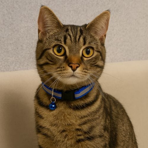 Un jeune chat portant autour du cou un collier réfléchissant bleu avec une clochette bleu