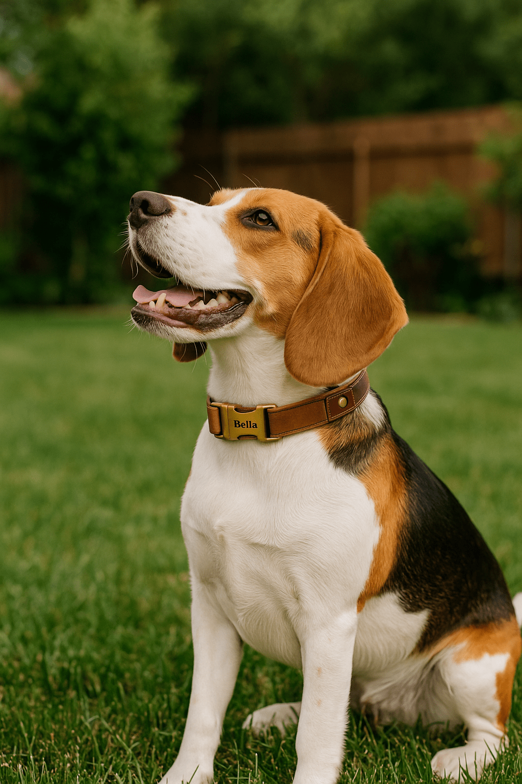 Un chien portant un collier personnalisé en cuir avec marqué Bella ,assis dans un jardin