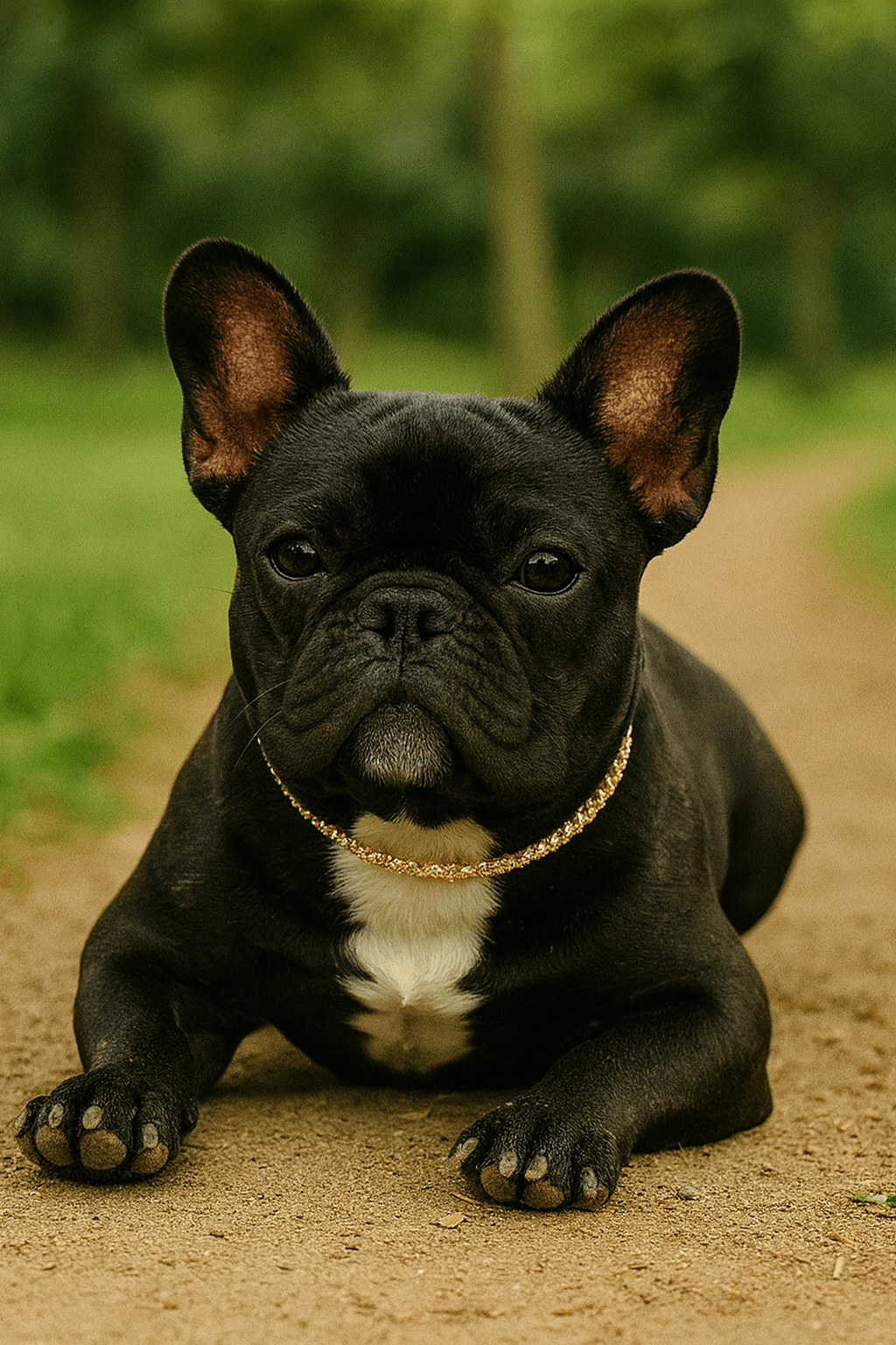 Un chien noir allongé dans un parc avec une chaine en or autour du cou
