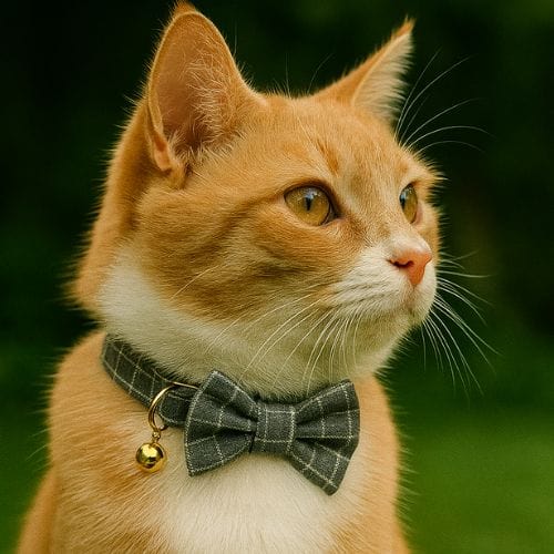 Un chat roux portant un collier avec un noeud papillon gris avec une clochette.