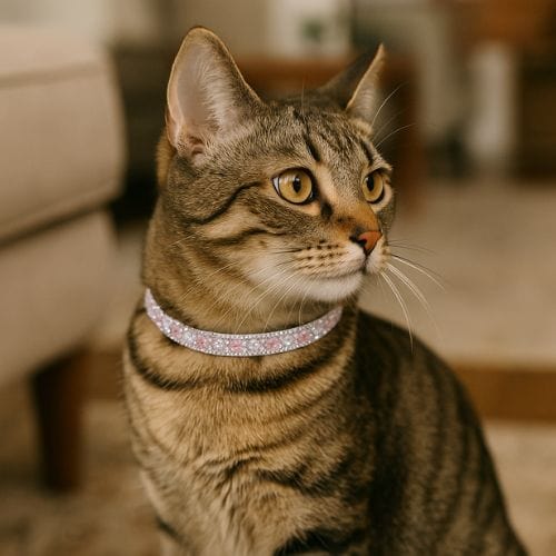 Un chat assis dans un salon avec un collier à strass rose