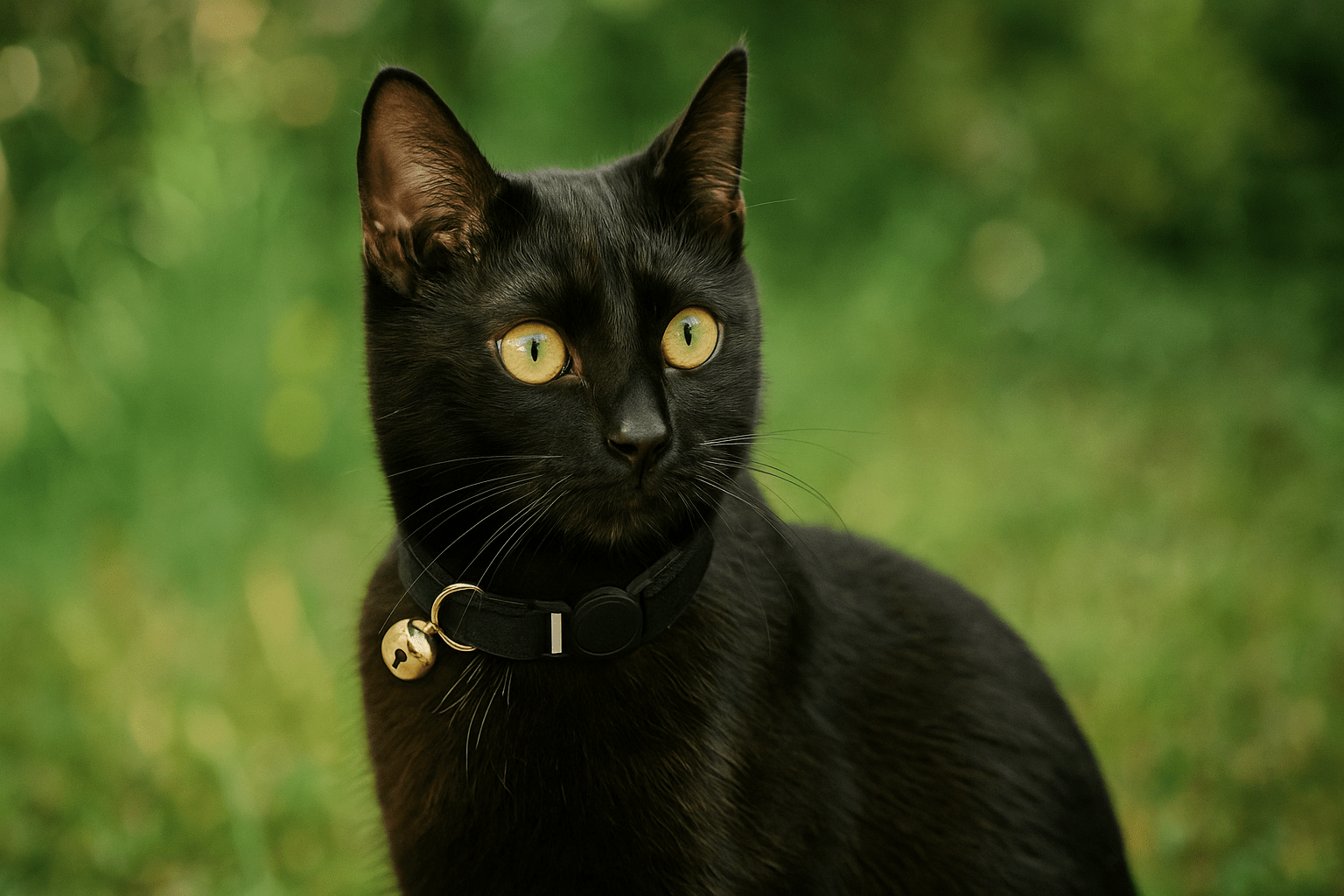 Un chat noir portant un collier en velours noir avec une clochette et une fermeture anti-étranglement