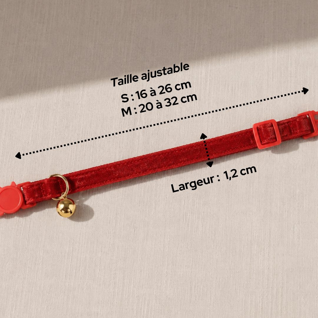 un collier en velours anti-étranglement pour chat rouge allongé pour voir sa taille