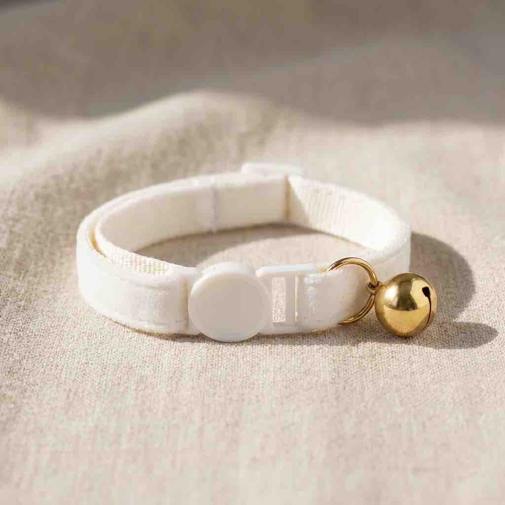 un collier en velours_blanc pour chat avec un fermoir anti-étranglement